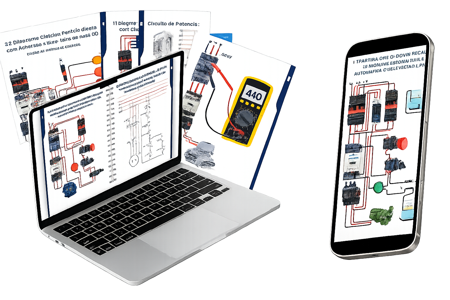 E-book Comandos Elétricos mostrado em notebook e celular